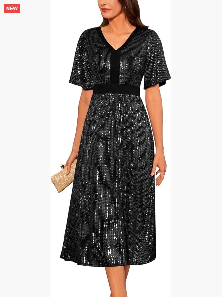 Sequin V-Neck Ruffle Sleeve Empire Waist A-Line Formal Cocktail Dress